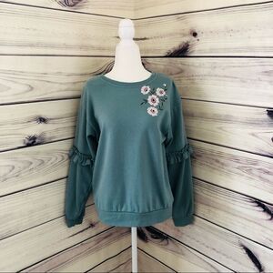 Urbanology Blue-Green Floral Ruffle Crewneck Sweatshirt